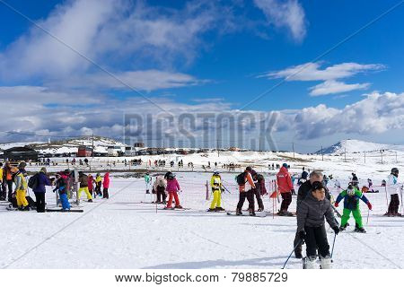 Skiers Enjoy The Snow At Kaimaktsalan Ski Center, In Greece. Recently At The Ski Center Every Lift H