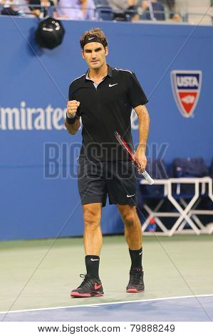 Seventeen times Grand Slam champion Roger Federer during quarterfinal match at US Open 2014