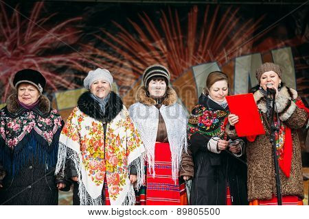 Unknown women group in national clothes at Celebration of Maslen