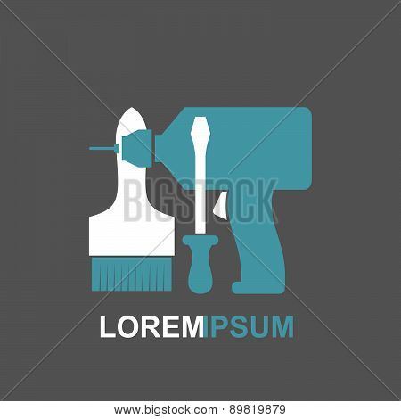 Carpentry tools logo Screwdriver, drill, brush. Vector illustration. Template  conceptual Tool shop.