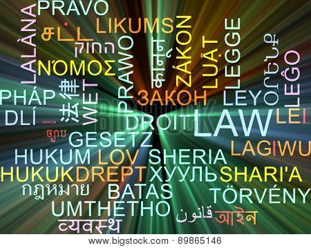 Background concept wordcloud multilanguage international many language illustration of law glowing light