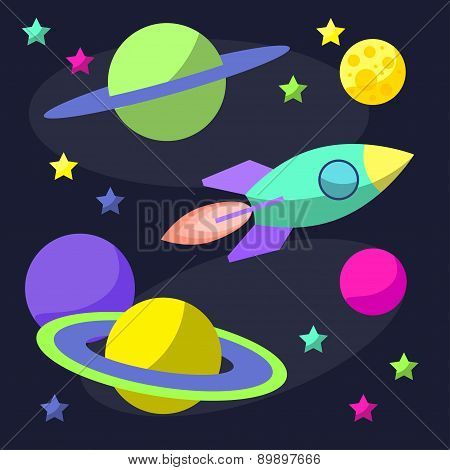 Bright Cartoon Cosmic Illustration With Rocket And Planets In Space