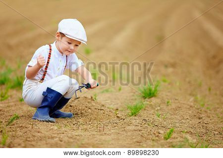 Cute Little Farmer Working With Spud On Spring Field