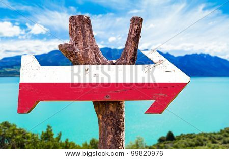 Poland Flag wooden sign with lake background