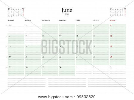 Monthly Calendar Planner 2016. Vector Print Template. June. Week Starts Monday