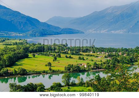 Lago di Mezzola Lake landscape.