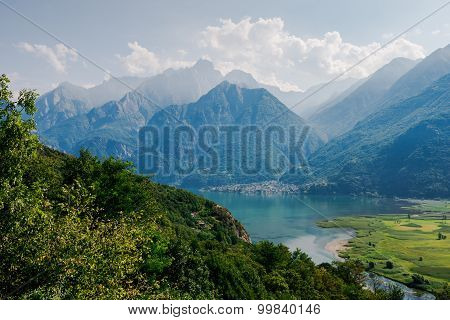 Lago di Mezzola Lake landscape.