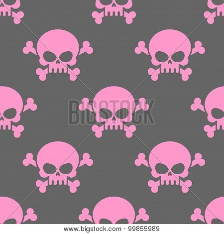 Pink Skull On A Grey Background Seamless Pattern. Head Of  Skeleton And Bones. Vector Ornament For H