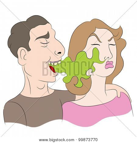 An image of a cartoon of a woman noticing a man has bad breath.