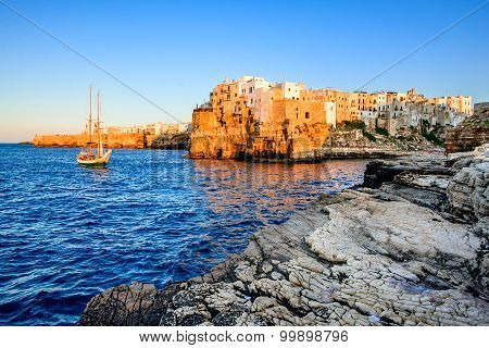Puglia Italy. Sunset scenery of Polignano a Mare town in the province of Bari Apulia southern Italia on the Adriatic Sea