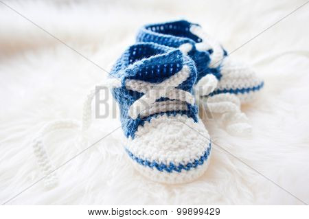 Little Baby Shoes. Handknitted First Sneakers For Newborn Boy Or Girl. Crochet Handmade Bootees