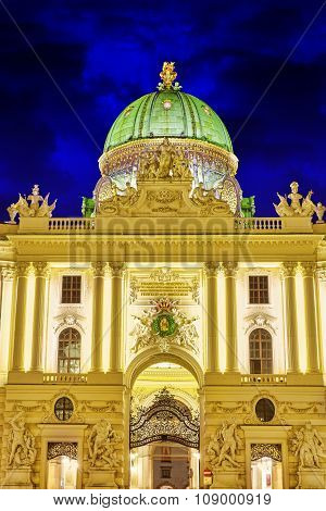 Hofburg Palace Seen From Michaelerplatz, Wide-angle View At Dusk.vienna.austria.