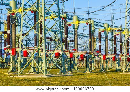 HOFHEIM, GERMANY - MAR 3, 2012: high voltage tower in rural landscape with blue sky