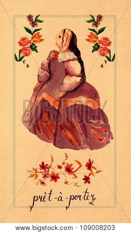 A retro style label with a lady in a historical Spanish costume, words 'pret-a-porter' and flowers