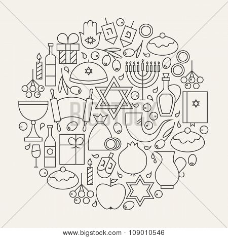 Happy Hanukkah Holiday Line Icons Set Circular Shaped