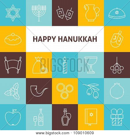 Thin Line Art Happy Hanukkah Jewish Holiday Icons Set