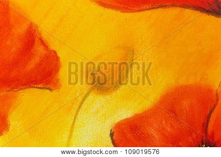 poppy painting on orange background. Flower on abstract color background