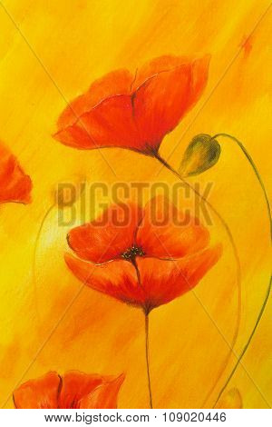 Red poppy on orange background. Red poppies. Red flower on abstract color background
