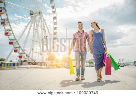 Couple Of Lovers Shopping Outdoors