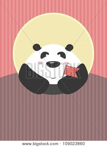 Panda With A Flag  Of China In The Hands In The Background Of Evening Sun