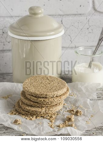 Homemade Scottish Oatcakes,  On Bright Wooden Surface. Healthy Food. Rustic Style