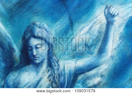 Spiritual Angel painting on canvas with blue abstract background.