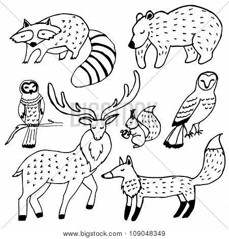 Forest animals drawings ink set
