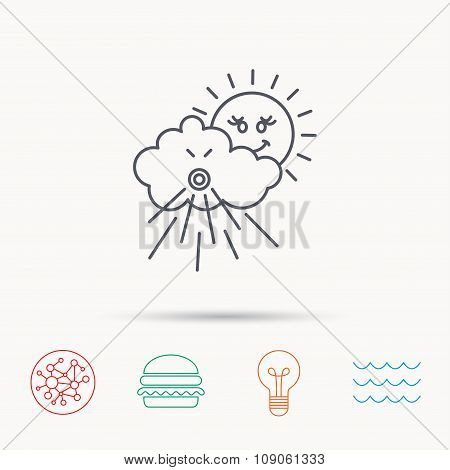 Wind icon. Cloud with sun and storm sign.