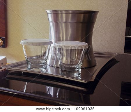 Steel Tray With Two Tumblers  And Bucket For Ice