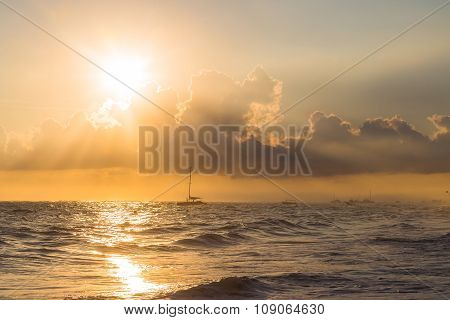 Golden Sunrise Over Ocean On Dominican Republic