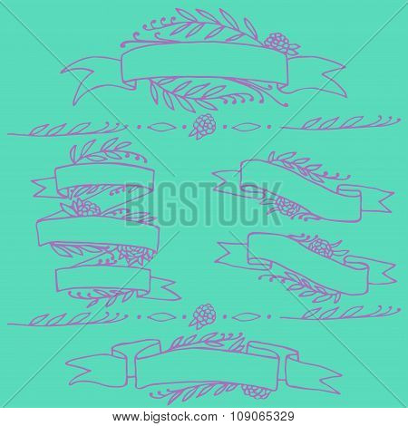 Doodle Ornate Floral Ribbons, Retro Banners With Flower