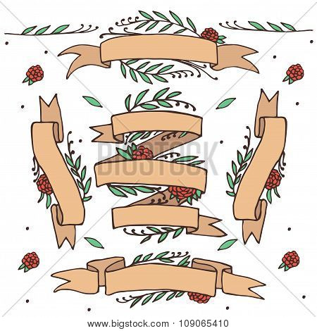 Doodle Ornate Floral Ribbons, Retro Banners With Flower