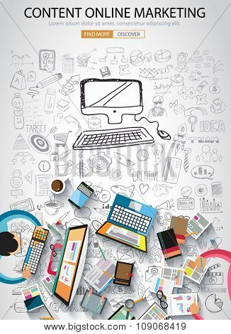 On line marketing concept with Doodle design style :finding ideas,social media advertising, creative slogans. Modern style illustration for web banners, brochure and flyers.