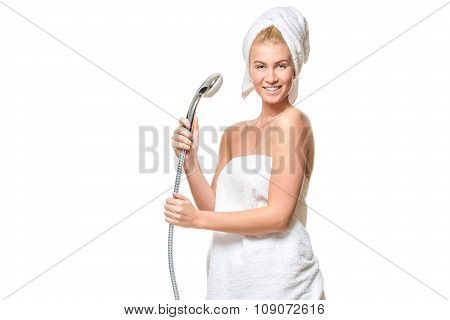 Happy pretty woman in towel singing using shower having fun