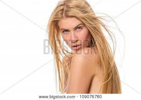 Young attractive blond woman with blue eyes