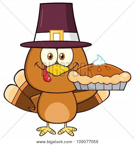 Pilgrim Turkey Bird Cartoon Character Holding A Pie