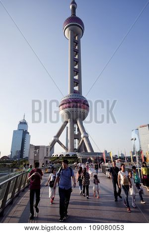 SHANGHAI, CHINA, 25 JULY, 2015:Visitors in Shanghai. Tourists in the Shanghai Lujiazui financial and Trade Zone at 25 July, 2015