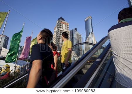 SHANGHAI, CHINA, 25 JULY, 2015:Visitors in Shanghai. Tourists in the Shanghai Lujiazui financial and Trade Zone at 25 July, 2015