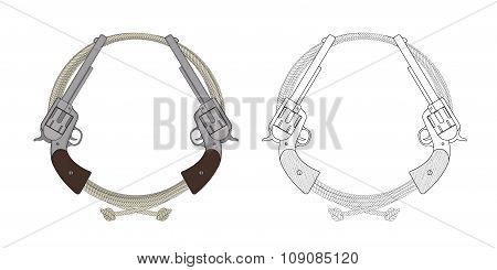 Wild west two revolver pistols frame. Color. Contour lines