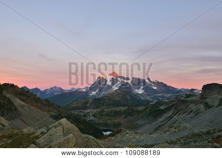 Mount Shuksan Sunset, Viewed From Herman Saddle Slopes