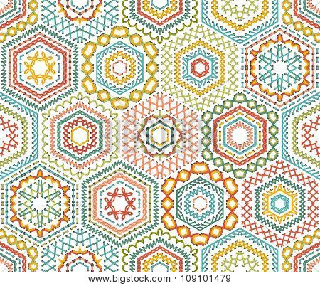 Embroidery Seamless Hexagons Pattern.
