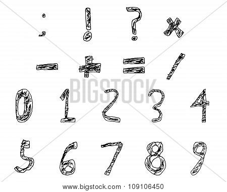Hand Drawn Child Numbers and Basic Math Signs Filled Bold