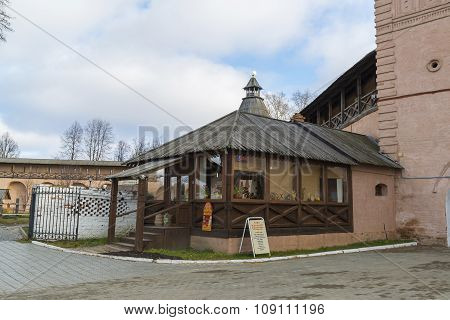 Suzdal, Russia -06.11.2015. Pancake Cafe in St. Euthymius monastery at Suzdal. Golden Ring of Russia