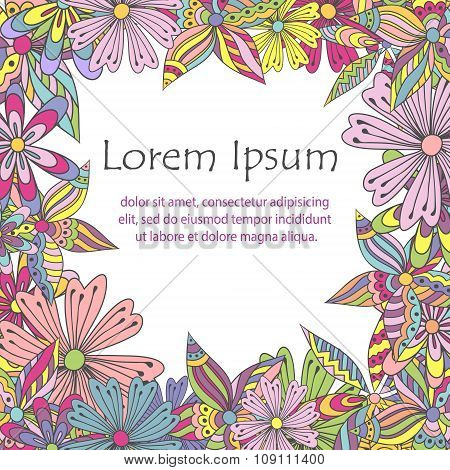 Colorful doodle flowers frame for your greeting/invitation card with space for text.