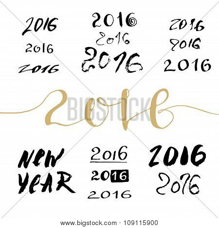 2016 New Year Handwritten Sign Bundle. Calligraphic Lettering Numbers