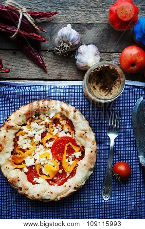 Vegetable ragout , vegetable casserole with tomato, food close up. Vegetable ragout on wood table, c