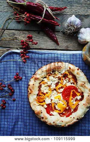 Vegetable ragout , vegetable casserole with tomato, food close up. Vegetable ragout on wood table, c