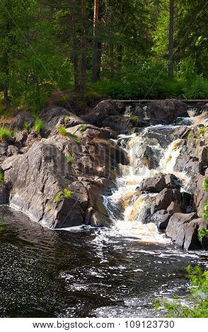 A Small Waterfall In The Forest, Karelia, Russia