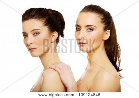 Beauty woman with make up standing behind her friend.