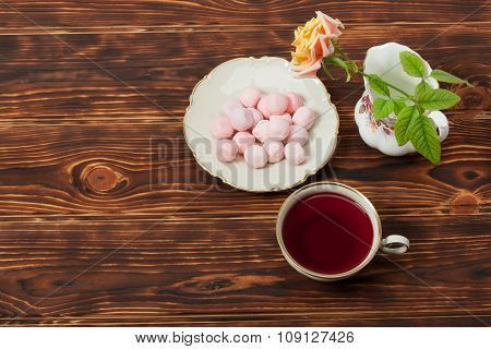 Tea Cup and Plate Of Fine Bone China. Sweets. Rose. Burnt Wooden